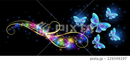 Flying delightful blue butterfly with sparkle and blazing trail flying in night sky among shiny glowing stars and golden small butterflies in cosmic space. 129349197