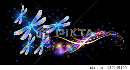 Flying dragonflies with sparkle and blazing trail and glowing stars. Animal protection day concept or birthday card. Flying dragonflies with sparkle and blazing trail and glowing stars. Animal protection day concept or birthday card. 129349199