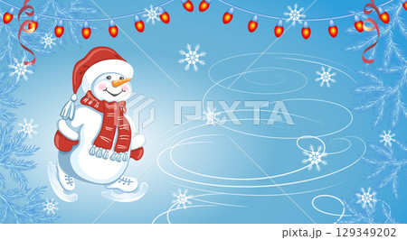 Christmas card with funny Snowman in Santa cap and in skates on winter skating rink Christmas card with funny Snowman in Santa cap and in skates on winter skating rink 129349202