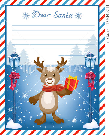 Layout letter template to Santa Claus with inscription "Dear Santa" and cartoon deer fawn with gift box in the background of snowfall.  129349211