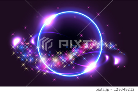Glowing sparkle round frame on dark fantastic background.  129349212