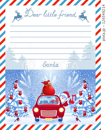 Layout letter template from Santa Claus with inscription "Dear little friend" and cartoon Santa in red retro car with big gift bag on background of snowfall and Christmas tree. 129349214
