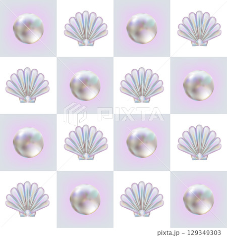 Abstract Coast seamless pattern in Y2K style. Three-dimensional Pearl and Shell Scallop on Pastel Checkered background. 3d holographic retro template. 3D chrome bubble art. 129349303