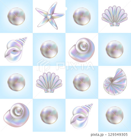 Seashells seamless pattern in Y2K style. Three-dimensional Pearl and Shell Scallop on Pastel Blue Checkered background. 3d holographic retro template. 3D chrome bubble art. 129349305