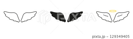 Angel Feather Wings Line And Solid Icon Set. Pair Of Wings With Spiritual Meaning Representing Holiness, Ascension, And Divine Protection. Symbol Collection. Isolated Vector Illustration 129349405