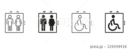 Elevator Icon Set With Gender And Accessibility Symbols. Public Facility, Gender Inclusivity and Accessibility Representation Outline And Silhouette Symbol Collection. Isolated Vector Illustration 129349416