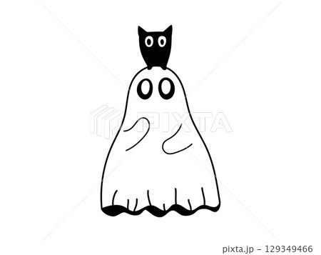 Cute spooky ghost with black owl sitting on the head. Hand drawn Halloween doodle on isolated background. Funny ghost with owl. Cute spooky ghost with black owl sitting on the head. Hand drawn Halloween doodle on isolated background. Funny ghost with owl. 129349466