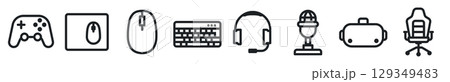 PC gaming equipment icon set. 48x48 pixels size. gamepad, mouse pad, mouse, keyboard, headset, vr helmet, gaming chair icon sheet. 129349483