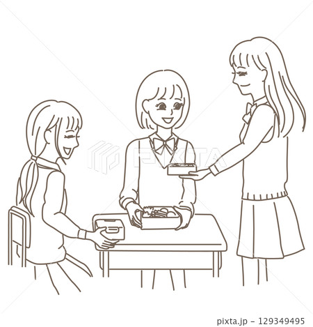 女子学生がお弁当を見せ合っている線画イラスト 129349495