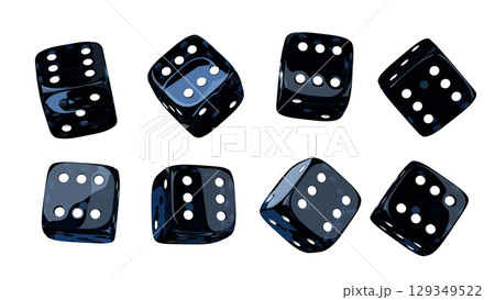Dark blue dice set on isolated background. Random rolling dice cubes. Glossy roll cubes for gamble games. 3d rendering Dark blue dice set on isolated background. Random rolling dice cubes. Glossy roll cubes for gamble games. 3d rendering 129349522