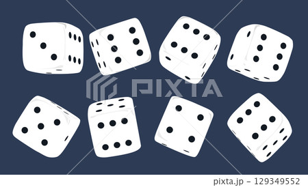 White dice set on isolated background. Random rolling dice cubes. White roll cubes for gamble games. 3d rendering 129349552