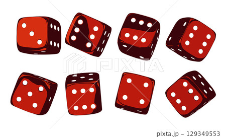Red dice set on isolated background. Random rolling dice cubes. Glossy roll cubes for gamble games. 3d rendering 129349553