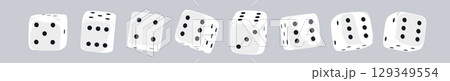 White dice set on isolated background. Random rolling dice cubes. White roll cubes for gamble games. 3d rendering 129349554