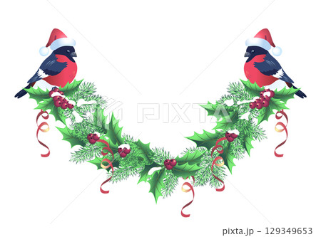 Christmas spruce garland and bullfinches bird in Santa hat in retro style. New Year element design. Christmas spruce garland and bullfinches bird in Santa hat in retro style. New Year element design. 129349653