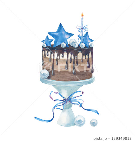 A chocolate cake on a stand with blue decor for celebrating Baby Shower or a boy's birthday, hand-drawn. Watercolor illustration of a dessert with a lighted candle, blue ribbons and stars on a white 129349812