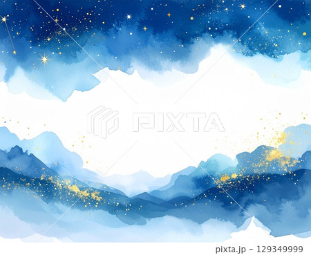 水彩風ネイビーブルー夜空に星と星座がきらめく幻想的アート背景画像 129349999