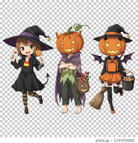 Cute halloween witch girl holding pumpkin basket, anime style, PNG sticker, halloween costume, trick or treat. transparent background Cute halloween witch girl holding pumpkin basket, anime style, PNG sticker, halloween costume, trick or treat. transparent background 129350060