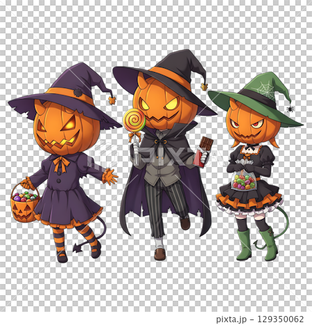 Cute halloween witch girl holding pumpkin basket, anime style, PNG sticker, halloween costume, trick or treat. transparent background 129350062