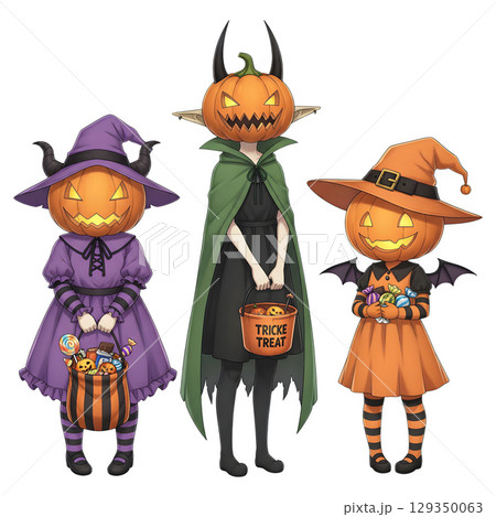 Cute halloween witch girl holding pumpkin basket, anime style, PNG sticker, halloween costume, trick or treat. transparent background Cute halloween witch girl holding pumpkin basket, anime style, PNG sticker, halloween costume, trick or treat. transparent background 129350063