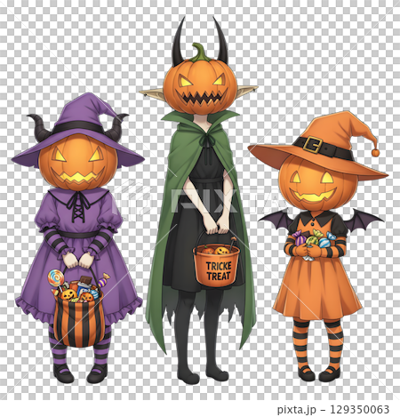 Cute halloween witch girl holding pumpkin basket, anime style, PNG sticker, halloween costume, trick or treat. transparent background 129350063