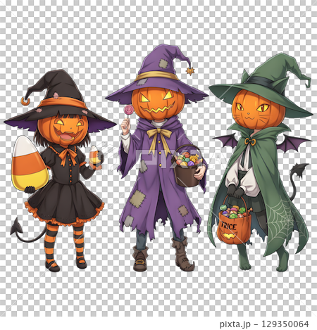 Cute halloween witch girl holding pumpkin basket, anime style, PNG sticker, halloween costume, trick or treat. transparent background 129350064