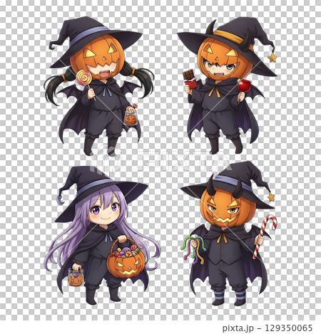 Cute halloween witch girl holding pumpkin basket, anime style, PNG sticker, halloween costume, trick or treat. transparent background 129350065