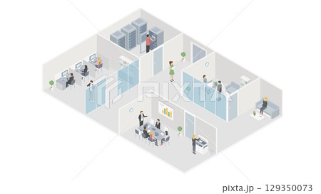 Isometric flat 3d abstract office floor interior departments concept vector. conference hall, offices, workplaces, director of the office interior Isometric flat 3d abstract office floor interior departments concept vector. conference hall, offices, workplaces, director of the office interior 129350073