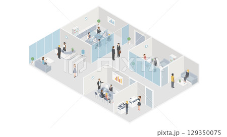 People workplace in office isometric design. Company employees man and woman team work together in comfortable modern cabinet. Business center floor interior inside with furniture. Vector illustration 129350075