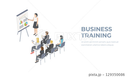 Isometric Business Training concept. Group of businessmen studies data. Office work crowd, team meeting, and discussion. Isometric Business Training concept. Group of businessmen studies data. Office work crowd, team meeting, and discussion. 129350086