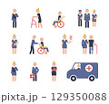 People figures icon set. Bathroom gender signs and health conditions symbols. Adults, families with children, seniors and disabled. Medical color pictograms in simple style. 129350088