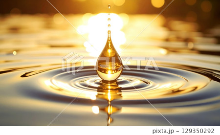 Golden liquid ripples in an abstract blue splash, a clear droplet reflecting purity and motion 129350292