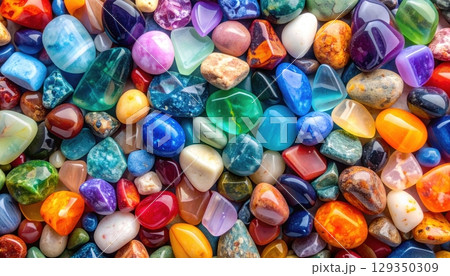 Vibrant, shiny glass and crystal beads create a colorful background texture with hints of blue, yellow, and green, like precious candy gems 129350309