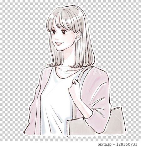 一位女性通勤和購物的水彩插圖 一位女性通勤和購物的水彩插圖 129350733