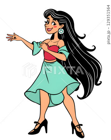 vector cartoon woman with long hair 129351564