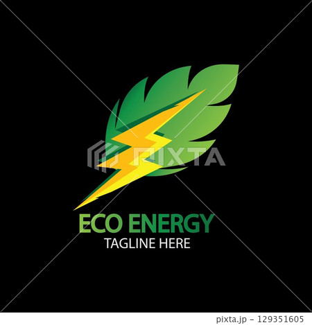 Eco Energy Vector Logo with leaf symbol. Green color with flash or thunder graphic. Nature and electricity renewable. This logo is suitable for technology, recycle, organic. 129351605