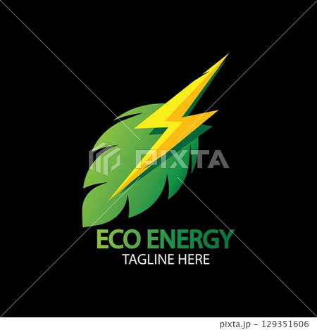 Eco Energy Vector Logo with leaf symbol. Green color with flash or thunder graphic. Nature and electricity renewable. This logo is suitable for technology, recycle, organic. 129351606