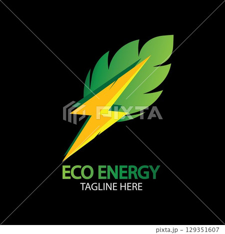Eco Energy Vector Logo with leaf symbol. Green color with flash or thunder graphic. Nature and electricity renewable. This logo is suitable for technology, recycle, organic. 129351607