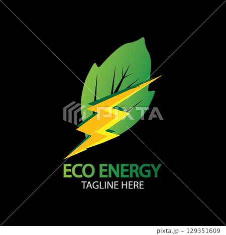 Eco Energy Vector Logo with leaf symbol. Green color with flash or thunder graphic. Nature and electricity renewable. This logo is suitable for technology, recycle, organic. 129351609