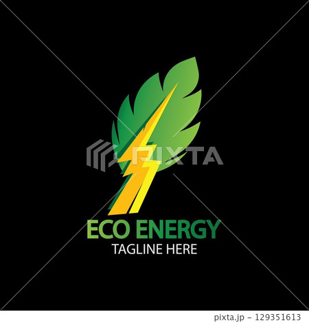 Eco Energy Vector Logo with leaf symbol. Green color with flash or thunder graphic. Nature and electricity renewable. This logo is suitable for technology, recycle, organic. 129351613