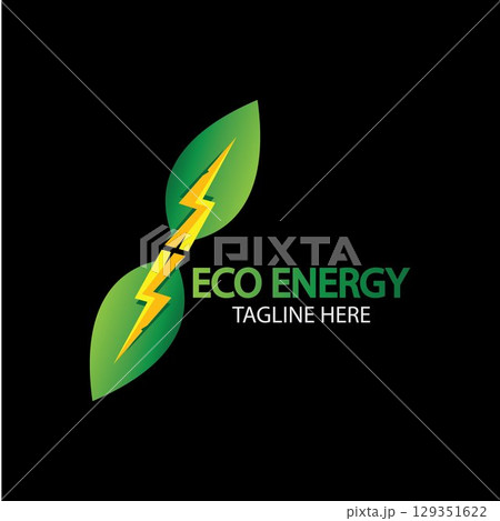 Eco Energy Vector Logo with leaf symbol. Green color with flash or thunder graphic. Nature and electricity renewable. This logo is suitable for technology, recycle, organic. 129351622