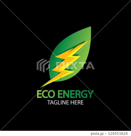Eco Energy Vector Logo with leaf symbol. Green color with flash or thunder graphic. Nature and electricity renewable. This logo is suitable for technology, recycle, organic. 129351628
