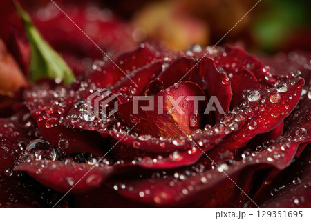 Macro capture of water droplets on vibrant red rose petals 129351695