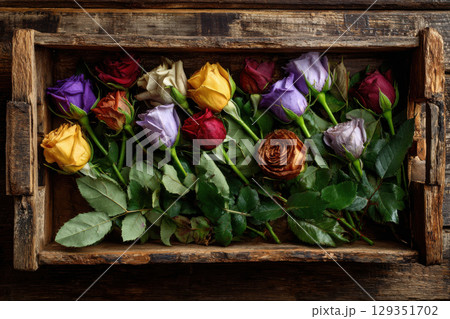 Rustic wooden crate filled with colorful freshly picked roses 129351702