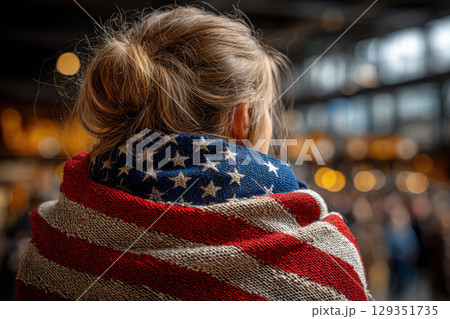 Celebration of national pride with flag wrapped around person 129351735