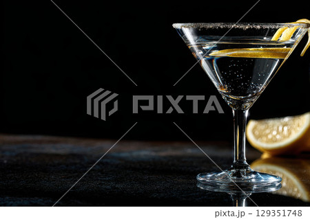 Minimalist martini glass with lemon twist on dark surface 129351748