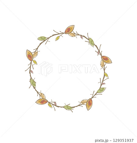 枯れ葉と小枝の秋の丸い紅葉フレーム　手描き水彩、ベクター、イラスト 129351937