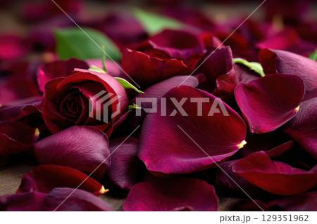 Close-up view of vibrant rose petals showcasing rich textures 129351962