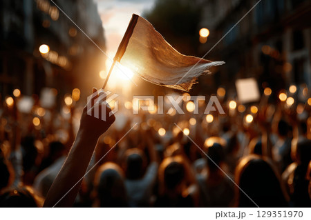 Crowd celebrating with flags at sunset during a festive event Crowd celebrating with flags at sunset during a festive event 129351970