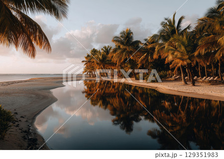 Serene bay at sunset with palm trees reflecting in calm water 129351983