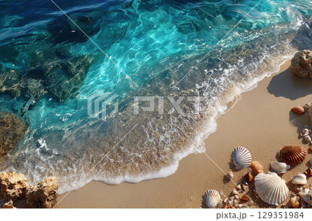 Tropical beach with clear water and seashells on the shore 129351984